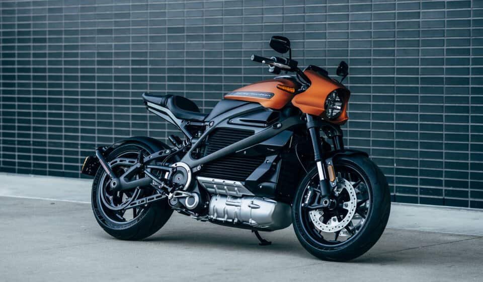 2021 Harley-Davidson electric motorcycle parked in front of a brick wall at home.