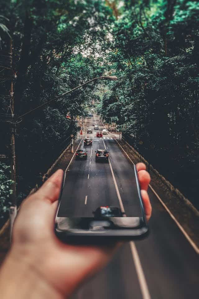 A person holding a cell phone on a road with trees in the background.